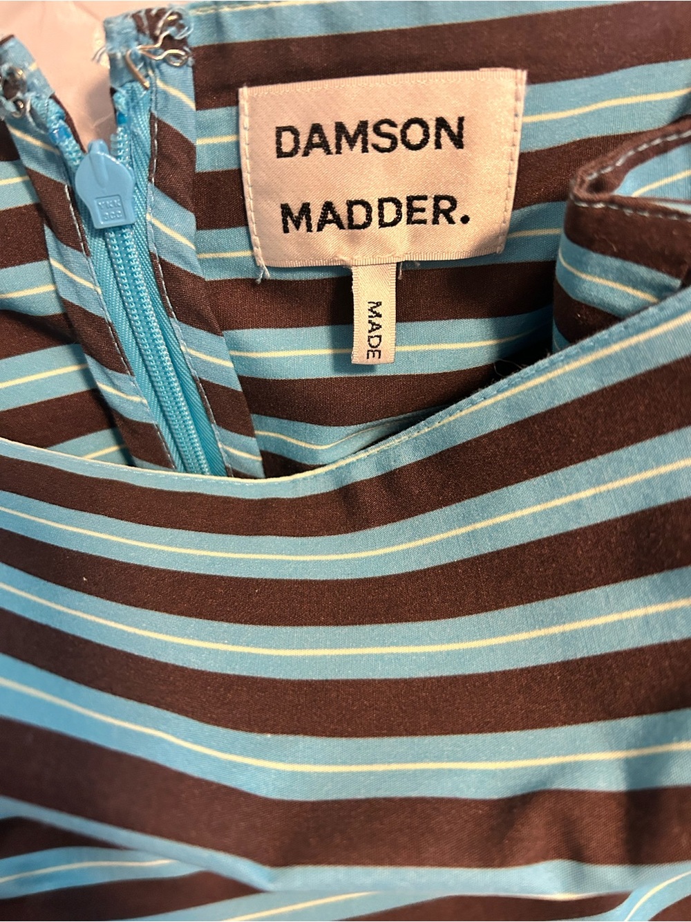 Damson Madder Angelina Striped Blue and Brown Midi Dress with Spaghetti Straps - Picture 6 of 7